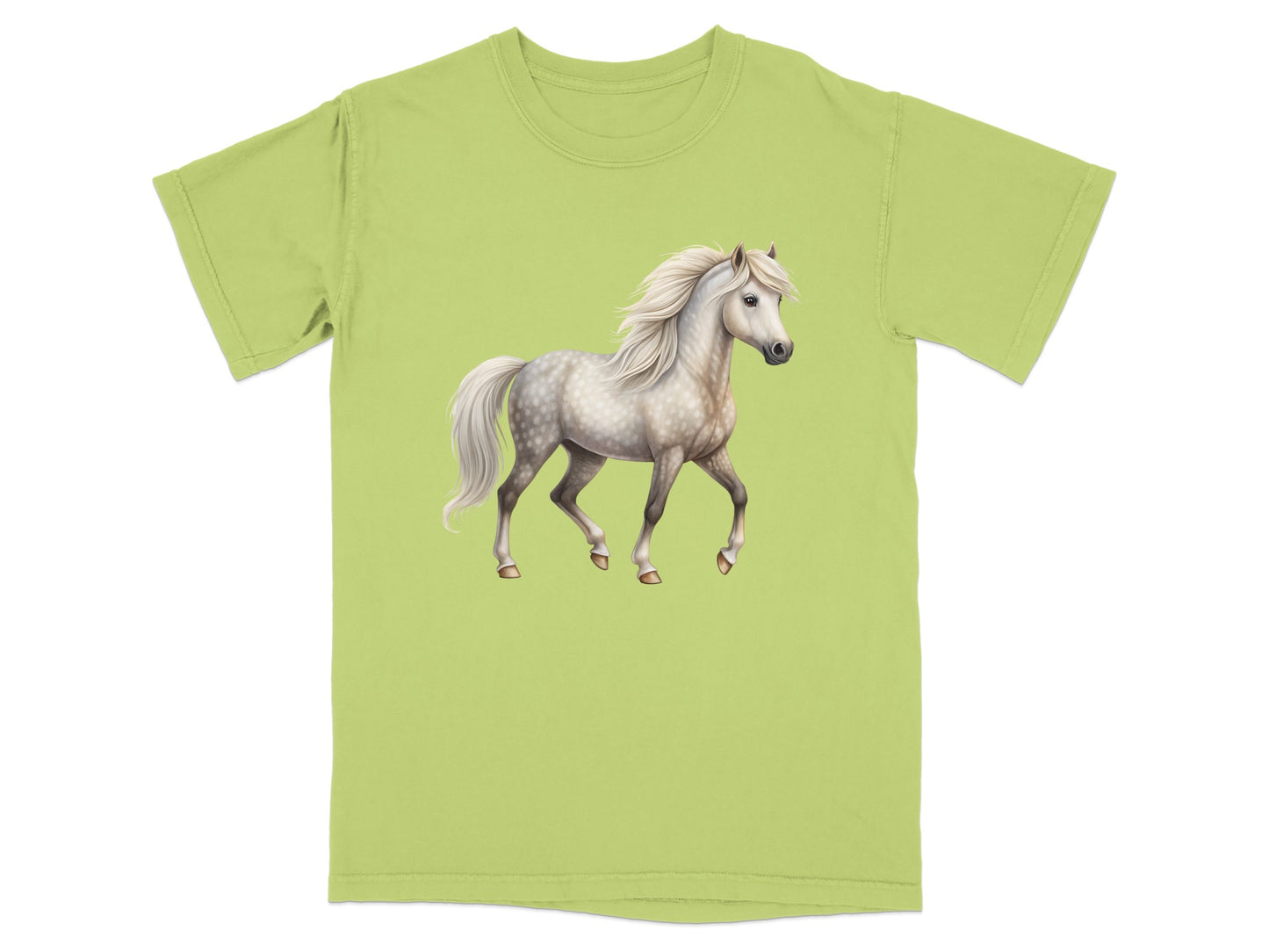Light green t-shirt with a watercolor illustration of a dappled white horse.