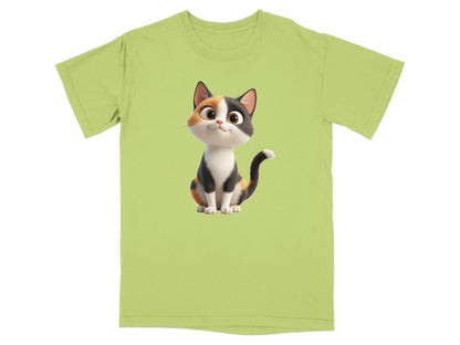 Cute calico cat cartoon on a lime green t-shirt.