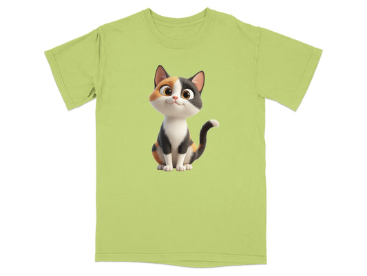 Cute calico cat cartoon on a lime green t-shirt.