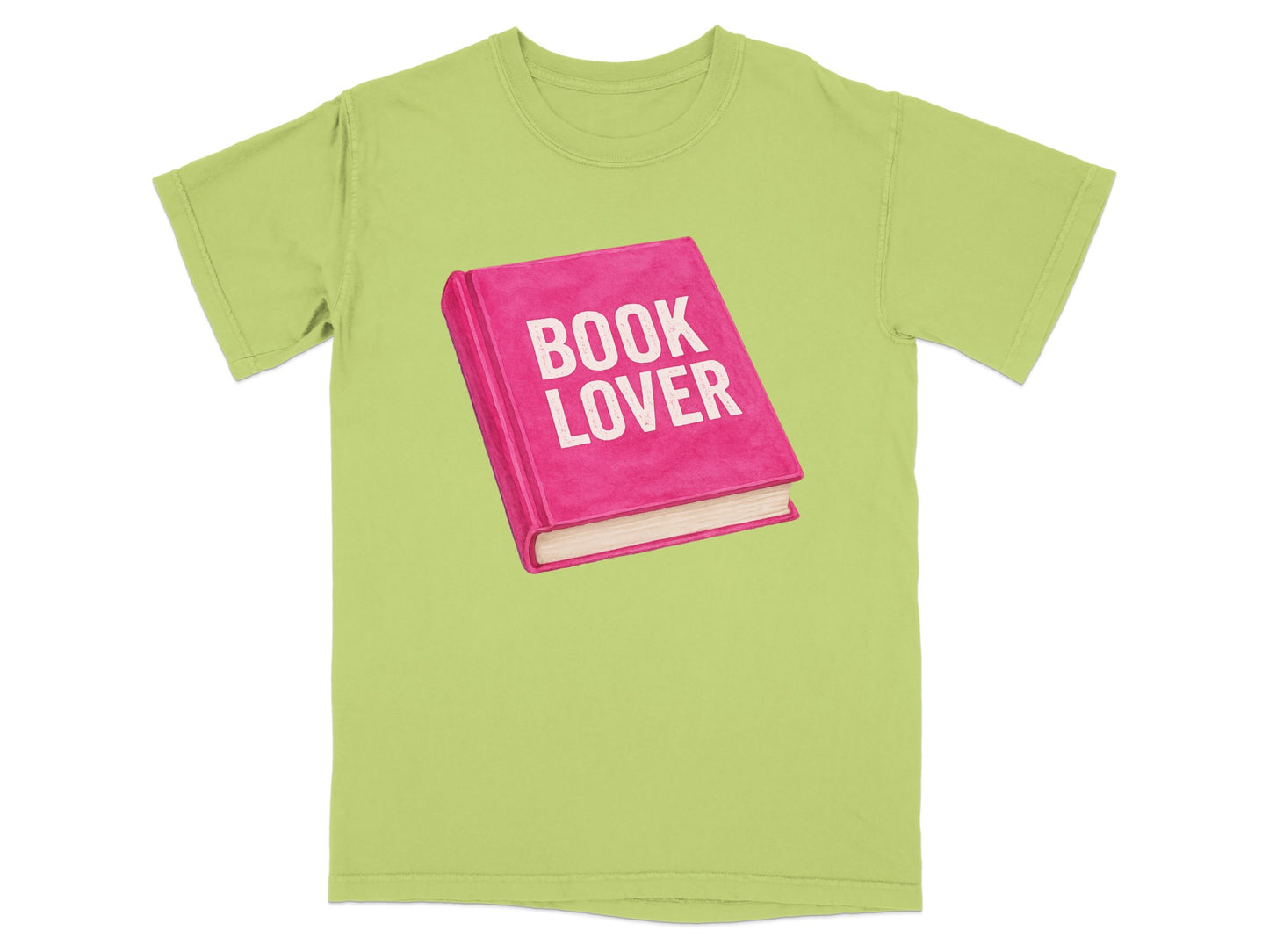Pink book with "Book Lover" text on a light green t-shirt.