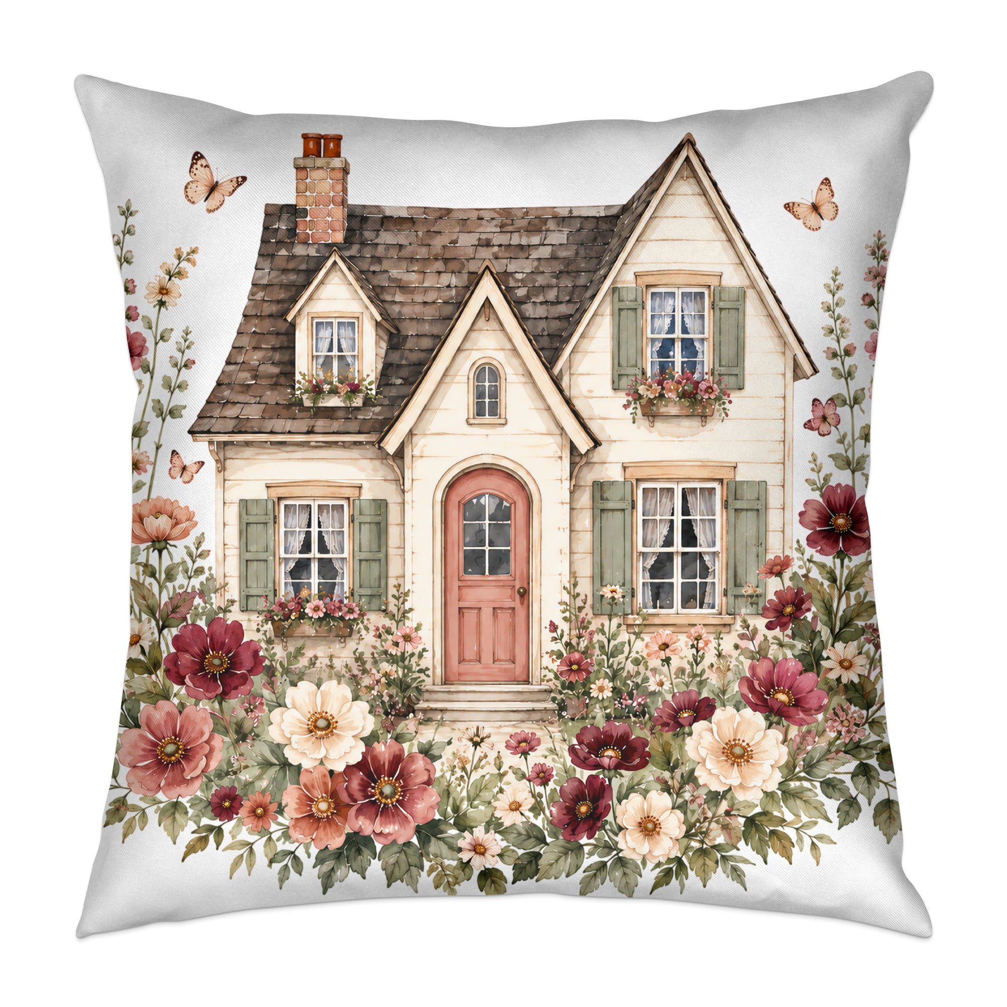 Watercolor painting of a charming cottage surrounded by flowers and butterflies.
