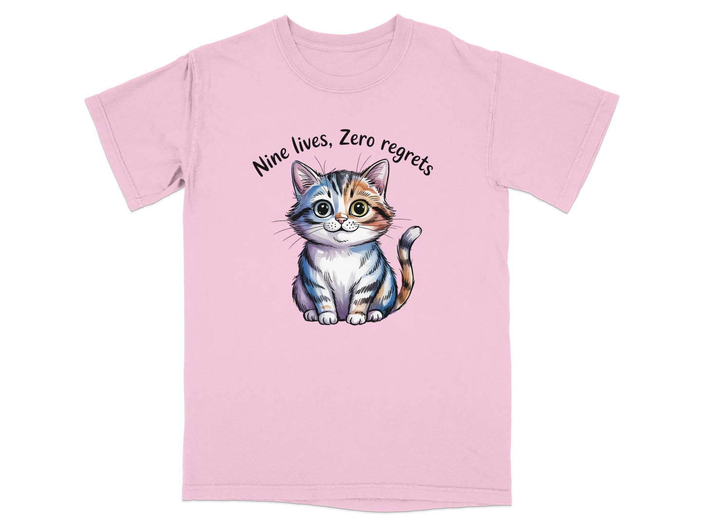 Pink t-shirt with a watercolor-style cat and text "Nine lives, Zero regrets."