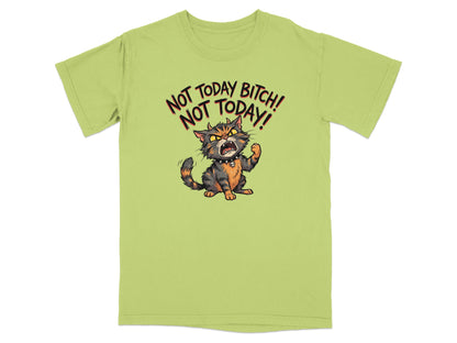 T-shirt with a cartoon cat yelling "NOT TODAY BITCH! NOT TODAY!"