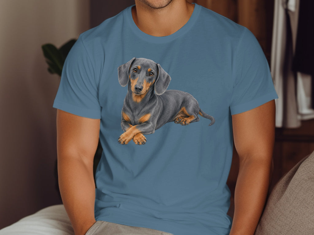 Dachshund dog lying down with paws crossed on a blue t-shirt.