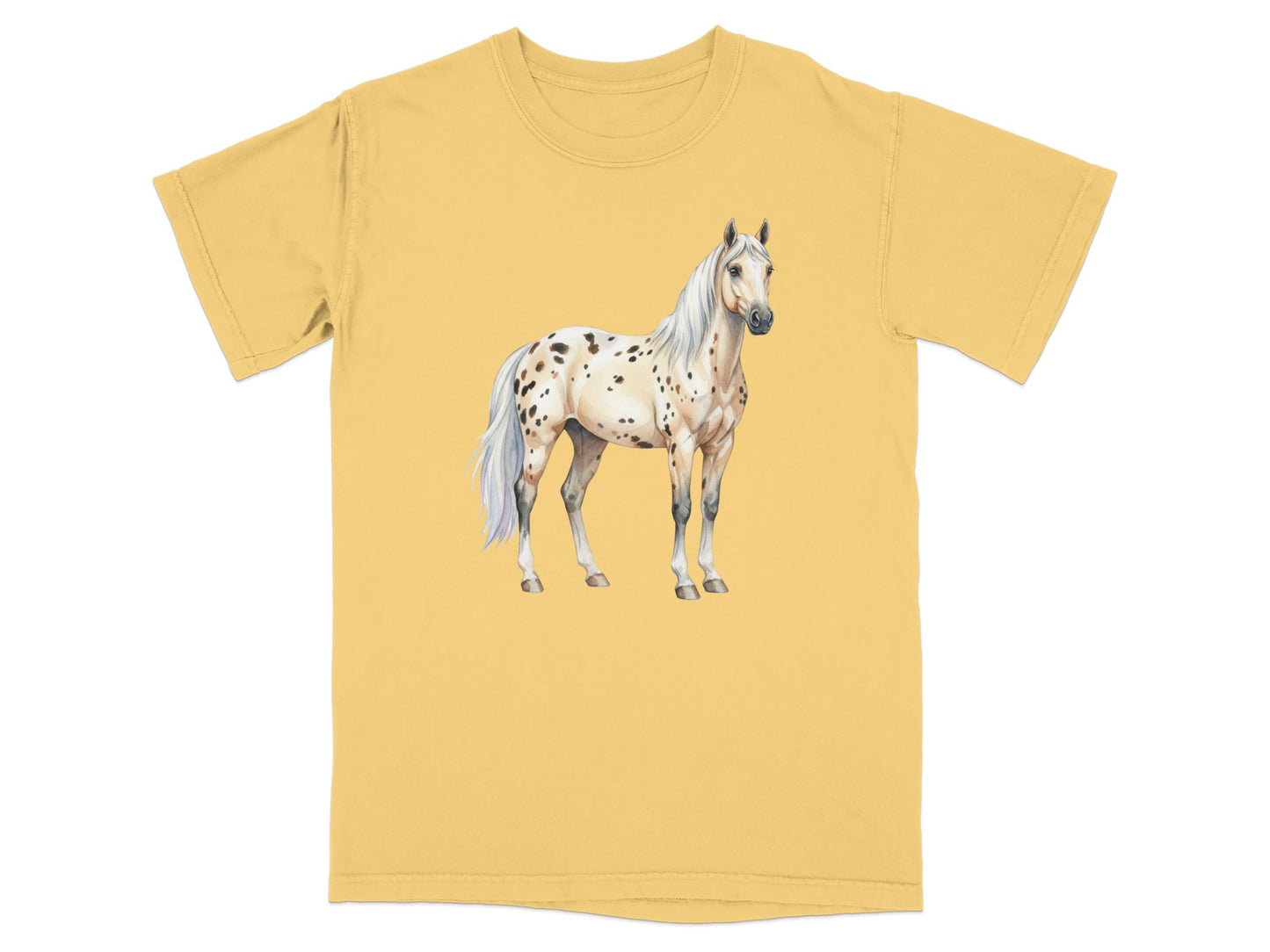 Yellow t-shirt with a watercolor painting of a spotted horse.