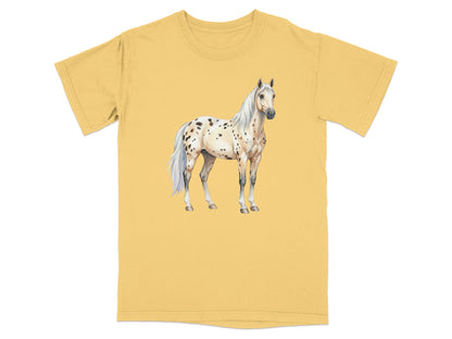 Yellow t-shirt with a watercolor painting of a spotted horse.
