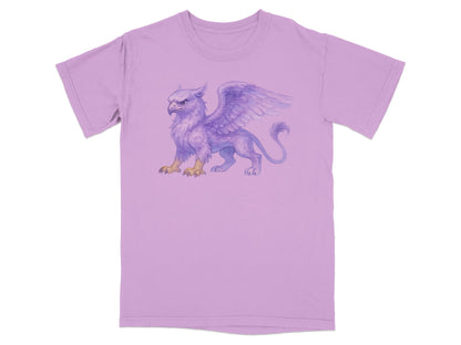 Purple t-shirt with a watercolor illustration of a griffin.
