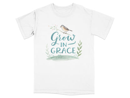 T-shirt with watercolor bird and "Grow In Grace" text.