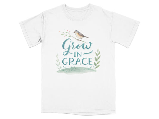T-shirt with watercolor bird and "Grow In Grace" text.