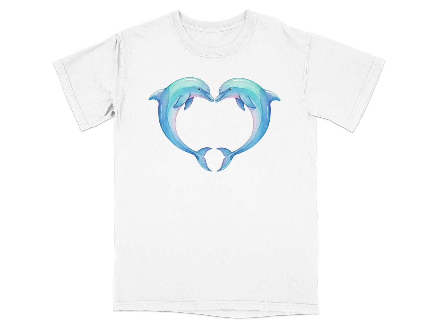 Two dolphins form a heart shape on a white t-shirt.