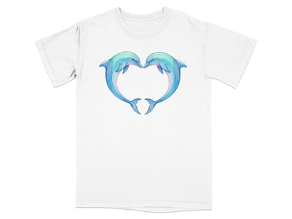 Two dolphins form a heart shape on a white t-shirt.