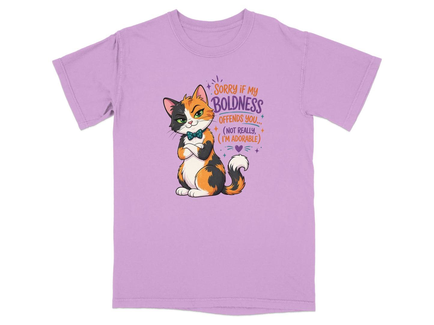 Calico cat wearing a bowtie, with text "Sorry if my boldness offends you..."