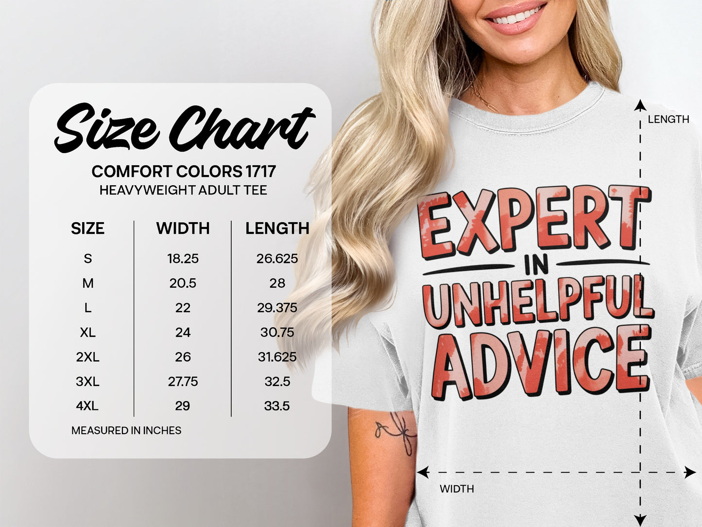 Size chart for Comfort Colors 1717 heavyweight adult tee.