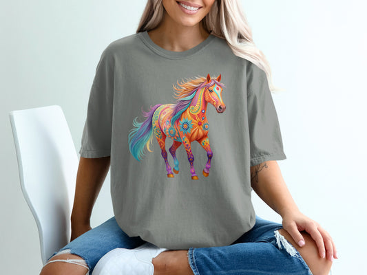 Colorful, psychedelic horse graphic on a grey t-shirt.