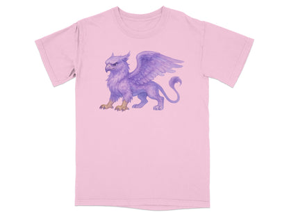 Light pink t-shirt featuring a purple griffin illustration.