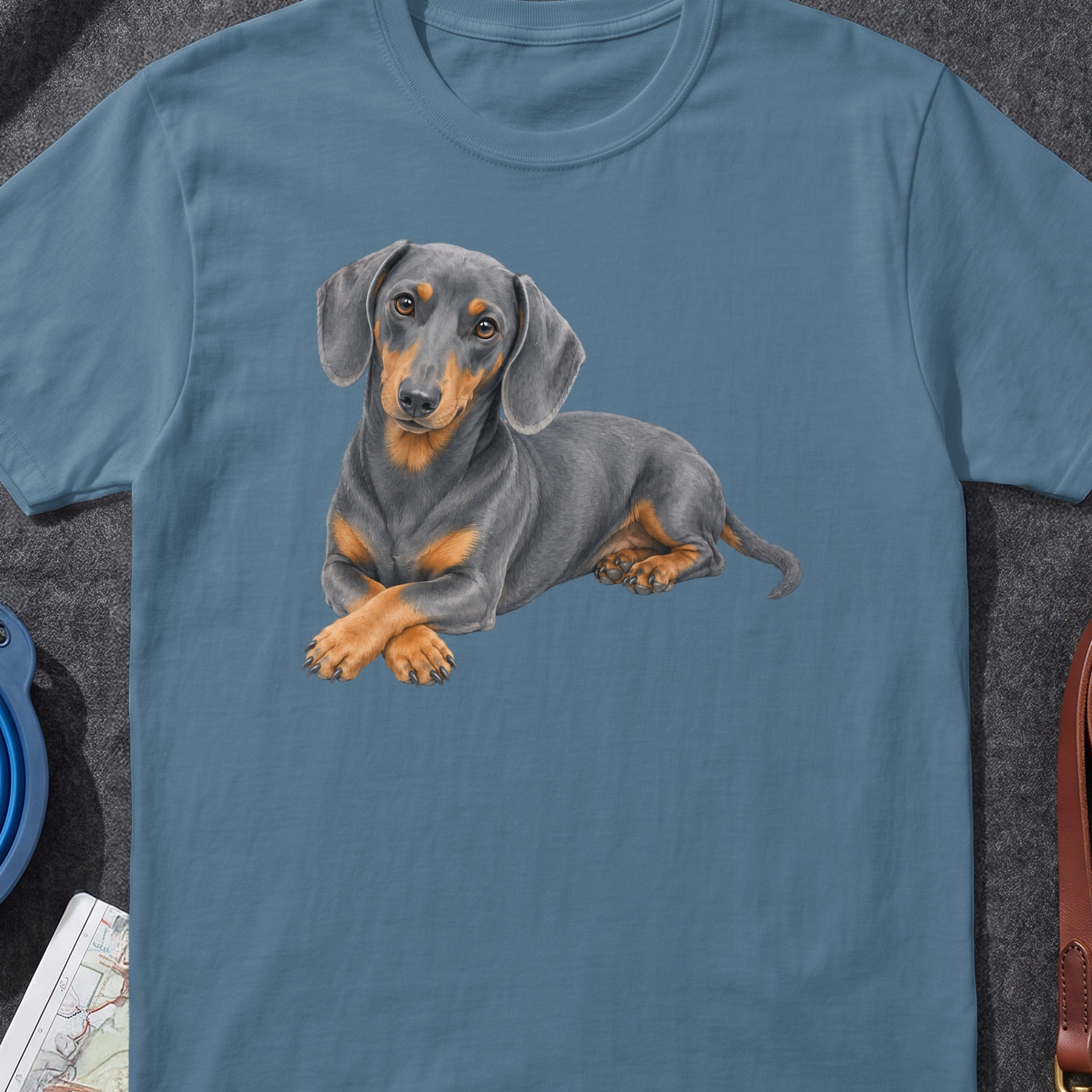Dachshund illustration on a blue t-shirt.