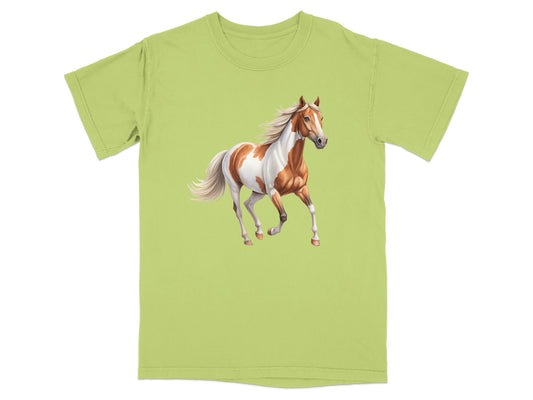 Light green t-shirt with a running brown and white horse graphic.