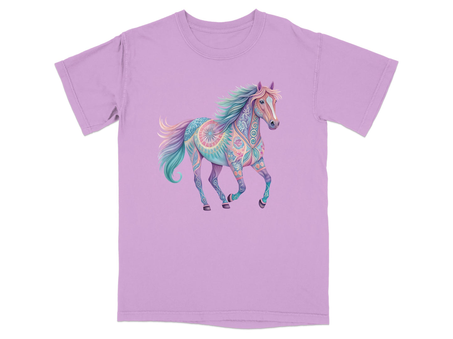 Purple t-shirt with a colorful, patterned horse illustration.
