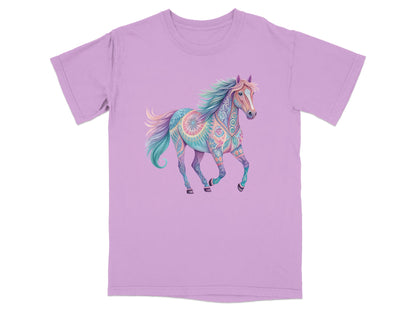 Purple t-shirt with a colorful, patterned horse illustration.