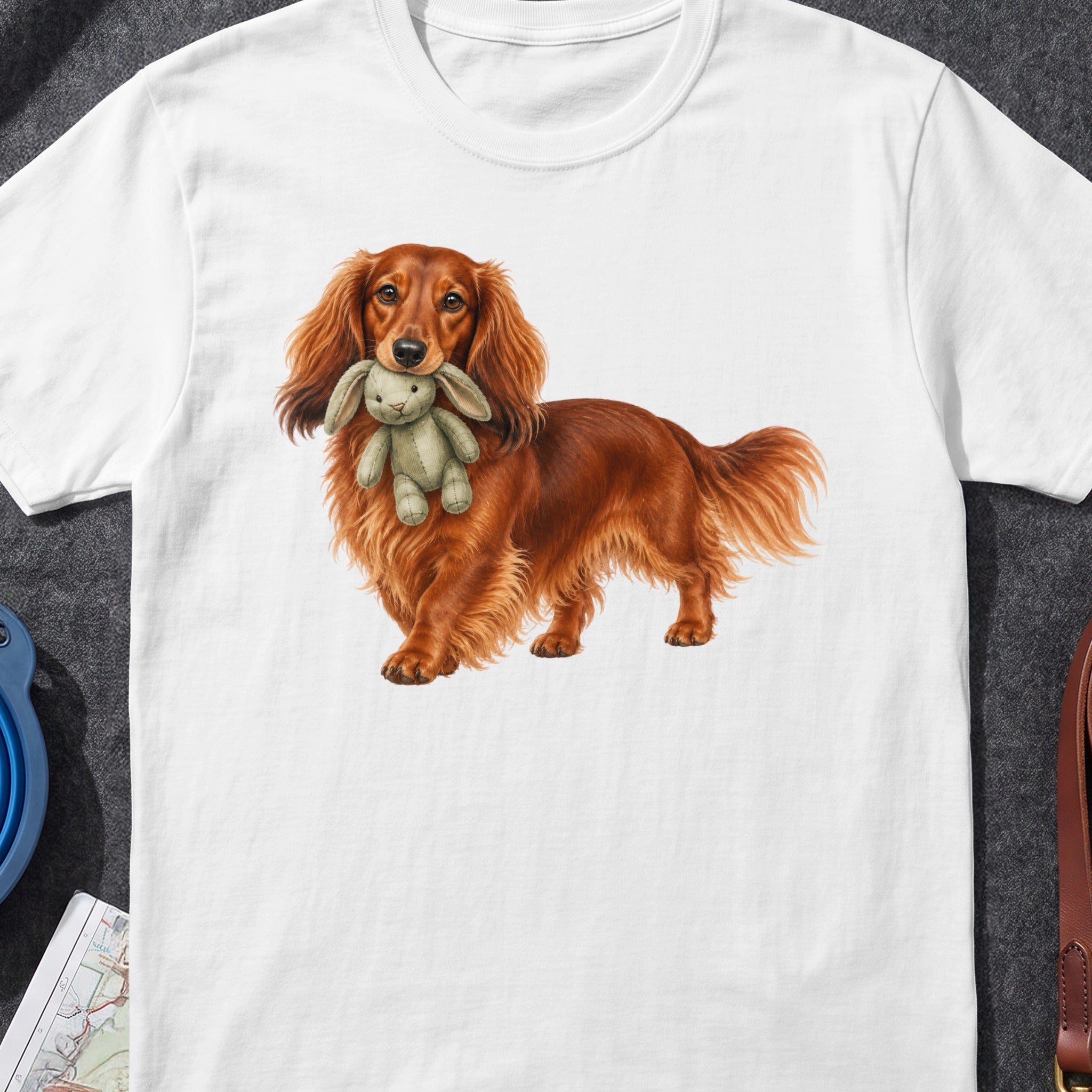 Long-haired dachshund with a stuffed bunny in its mouth on a white t-shirt.