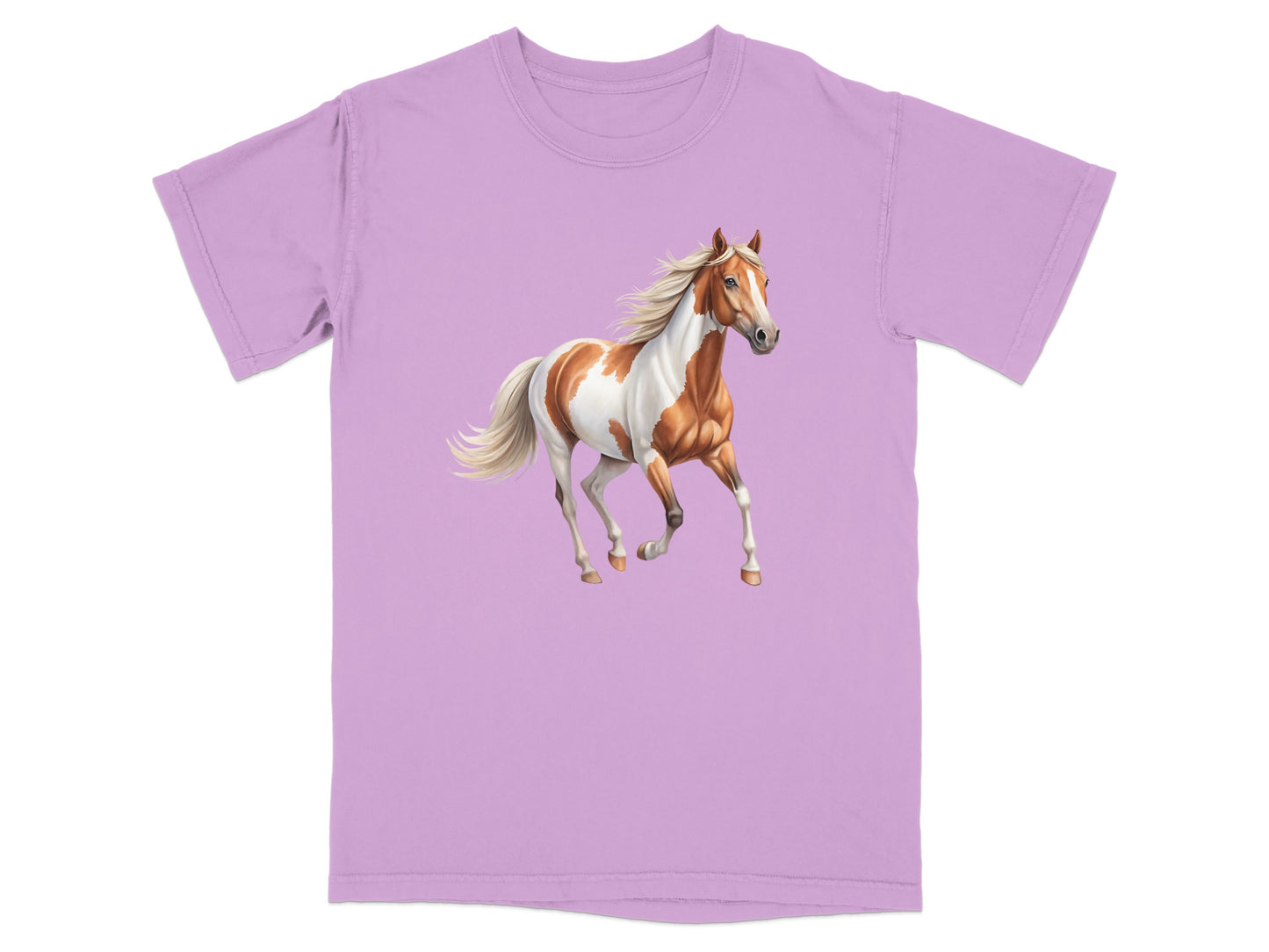 Purple t-shirt with a pinto horse illustration galloping across the front.