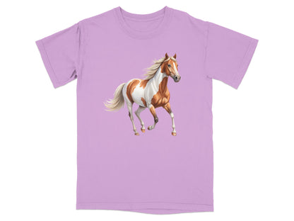 Purple t-shirt with a pinto horse illustration galloping across the front.