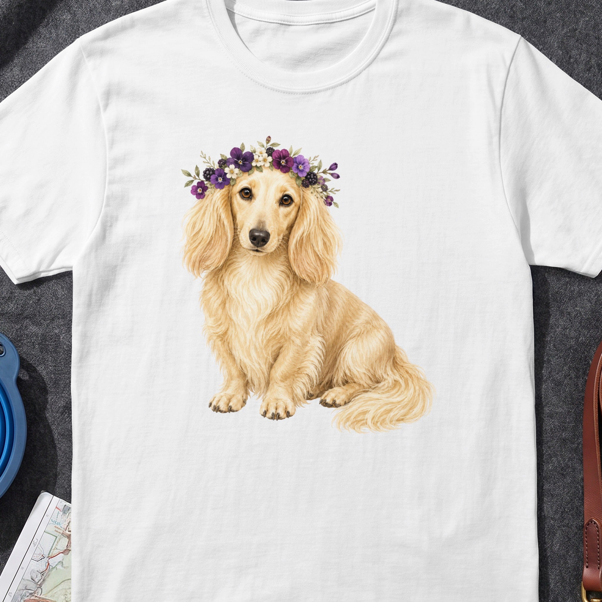 Cream dachshund with purple floral crown on white t-shirt.