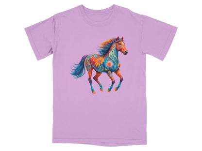 Purple t-shirt with a colorful, patterned horse graphic.