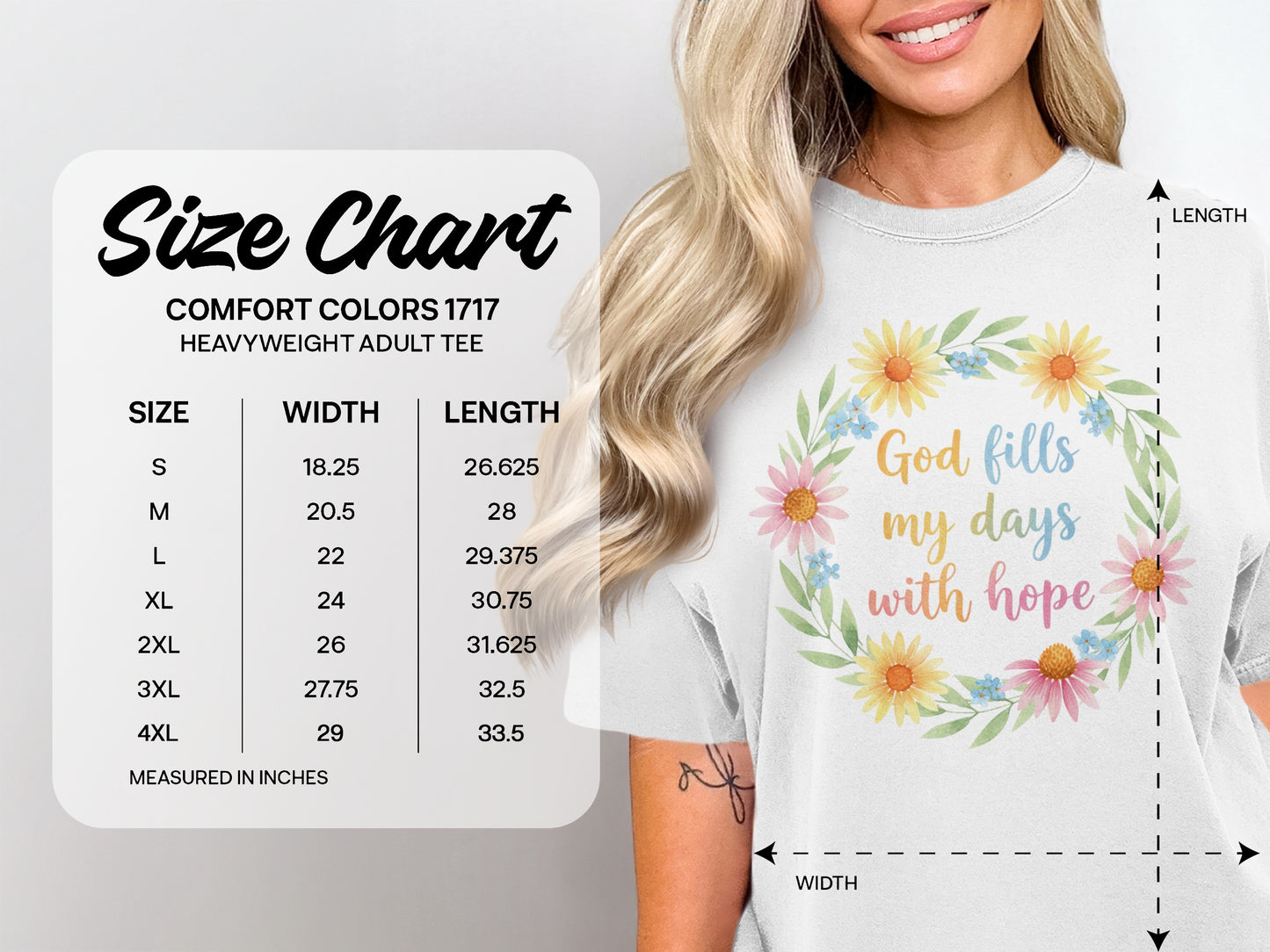 Comfort Colors size chart for heavyweight adult tee, with a graphic of "God fills my days with hope."