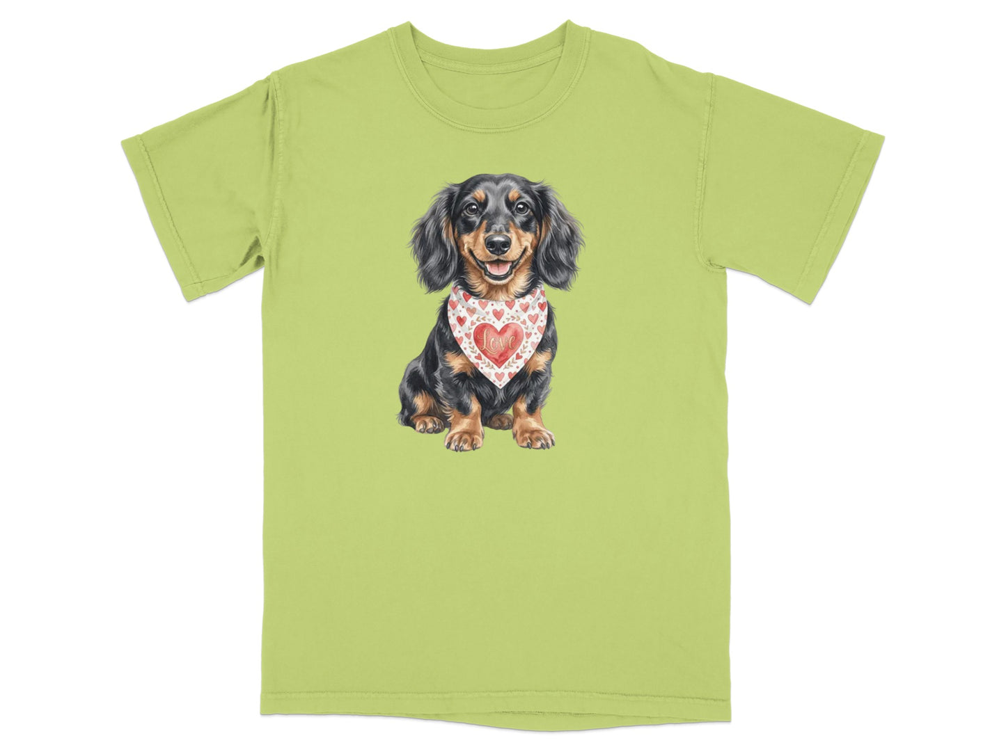 T-shirt featuring a dachshund wearing a heart-patterned bandana.