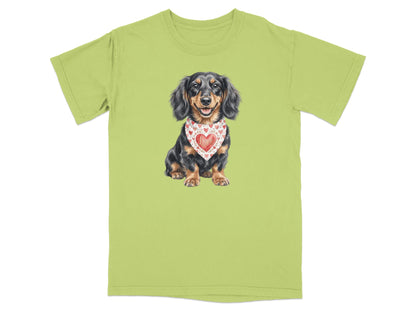 T-shirt featuring a dachshund wearing a heart-patterned bandana.