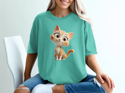 Teal t-shirt with cartoon orange tabby cat print.