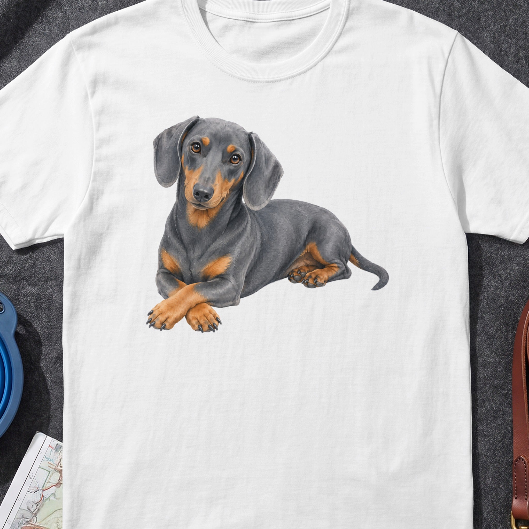 Black and tan dachshund dog illustration on a white t-shirt.