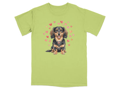 Long-haired dachshund wearing a heart pendant, surrounded by hearts.