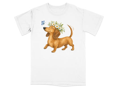 T-shirt with a cheerful dachshund wearing a flower crown, with a butterfly.