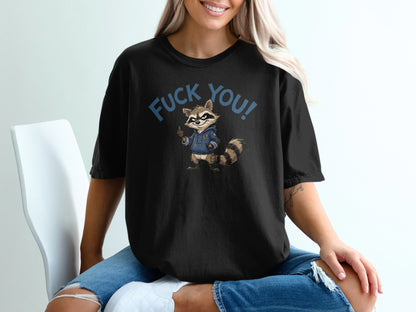 Black t-shirt with raccoon graphic giving middle finger, saying "Fuck You!"