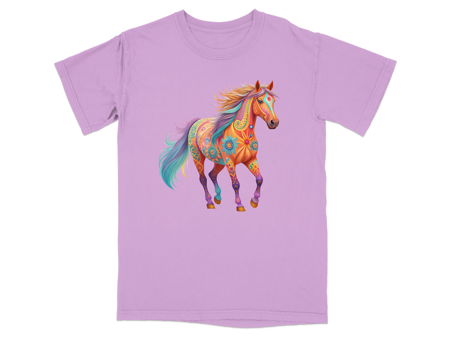 Lavender t-shirt with a colorful, ornate horse design.