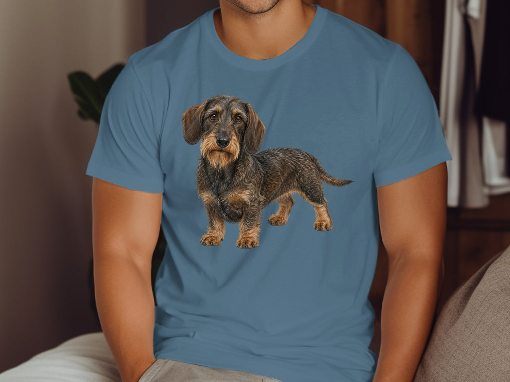 Wirehaired Dachshund graphic on a blue t-shirt.