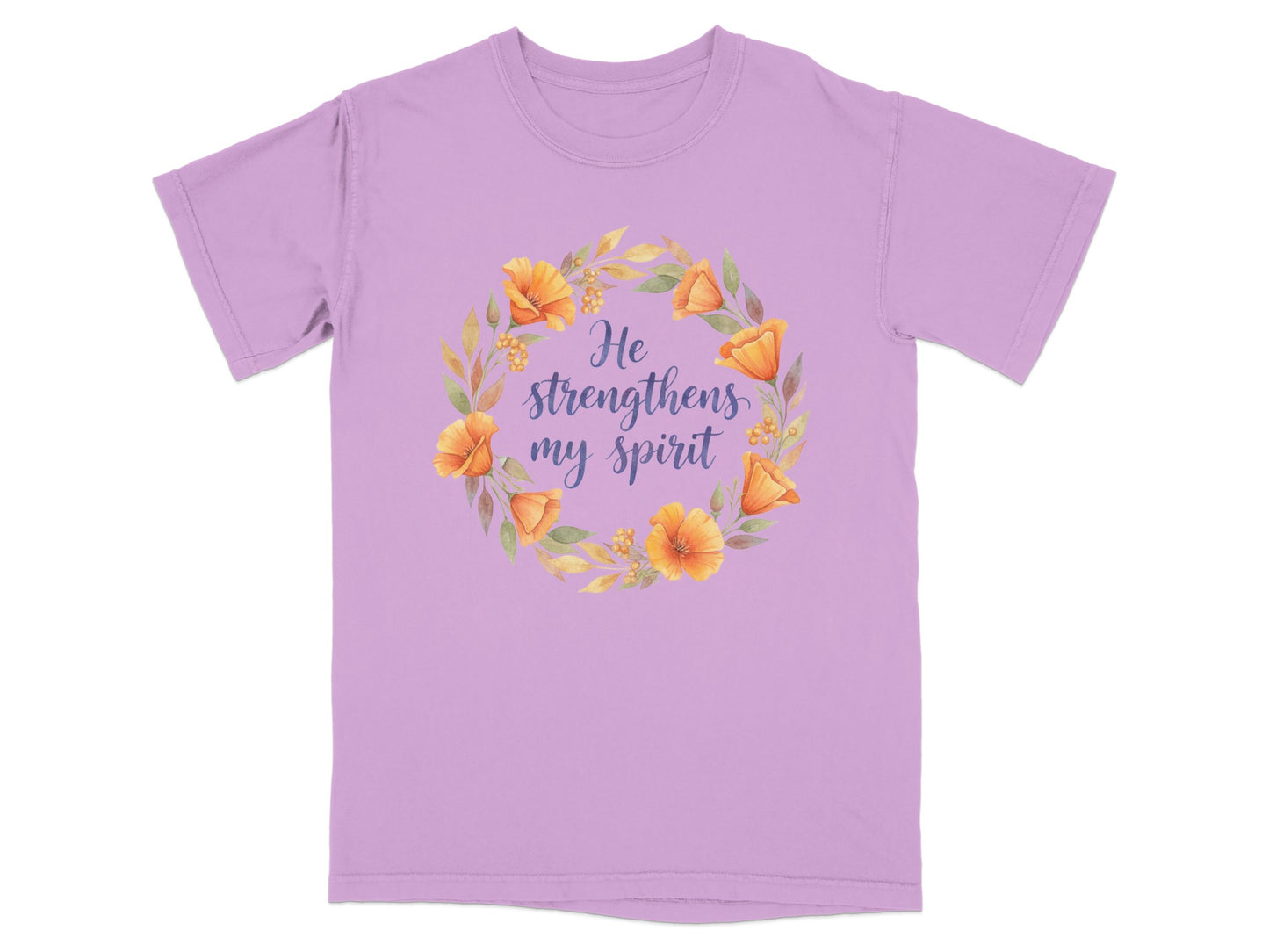 Purple t-shirt with floral wreath and text "He strengthens my spirit".