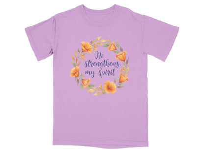 Purple t-shirt with floral wreath and text "He strengthens my spirit".