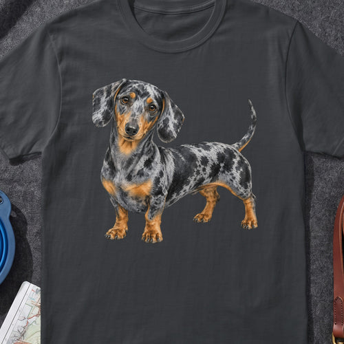 Dachshund with merle coat standing on a dark grey t-shirt.