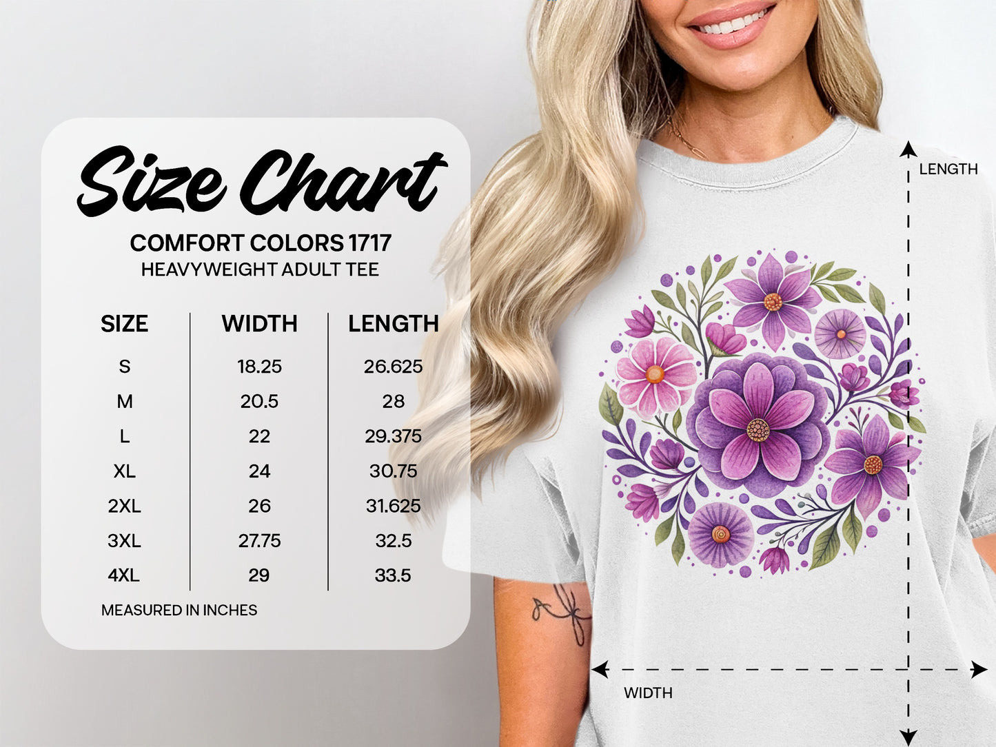 Size chart for Comfort Colors 1717 heavyweight adult tee, with measurements.
