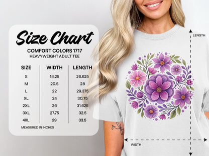 Size chart for Comfort Colors 1717 heavyweight adult tee, with measurements.