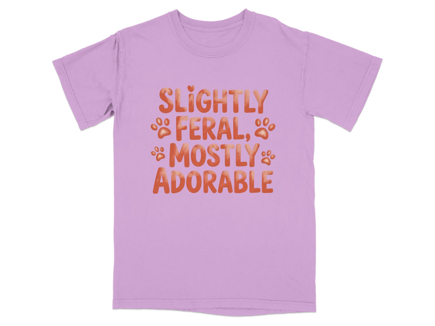 Lavender t-shirt with "Slightly Feral, Mostly Adorable" text and paw prints.