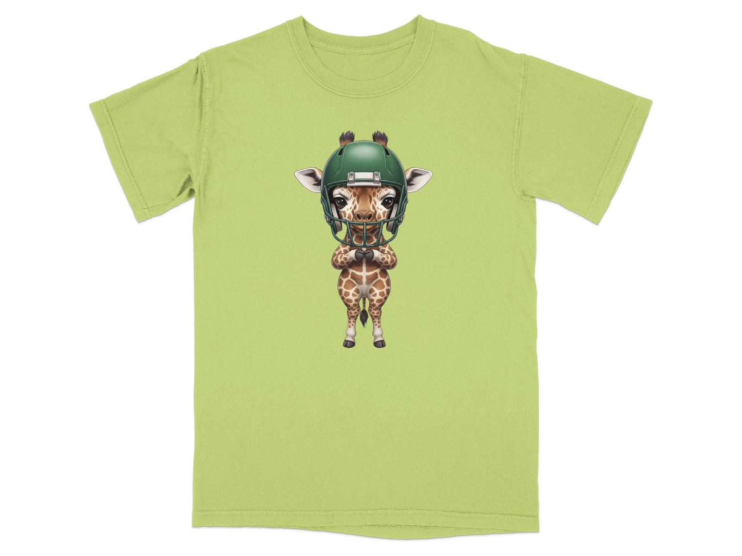 Green t-shirt with a cartoon giraffe wearing a football helmet.