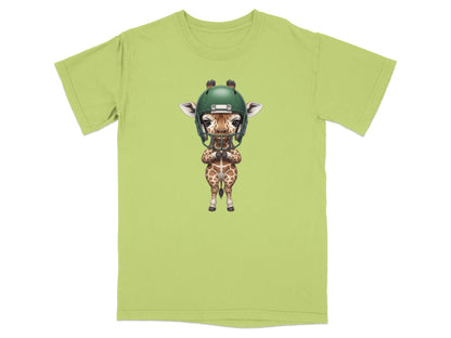 Green t-shirt with a cartoon giraffe wearing a football helmet.