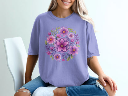 Purple t-shirt with a circular floral design featuring pink and purple flowers.