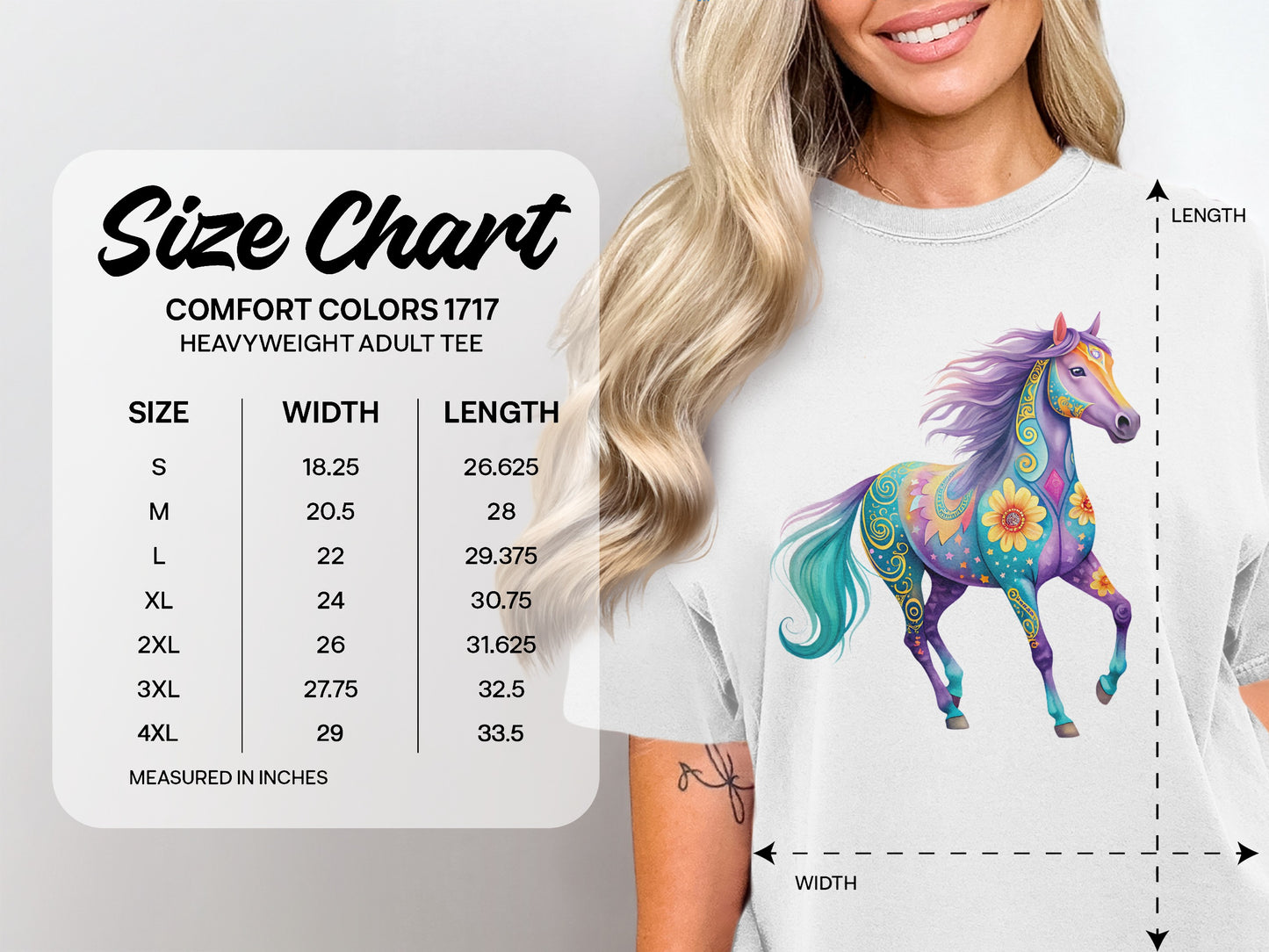 Comfort Colors 1717 heavyweight adult tee size chart with measurements.