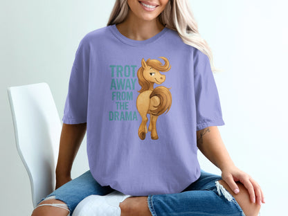 Purple t-shirt with "TROT AWAY FROM THE DRAMA" and a cartoon horse.