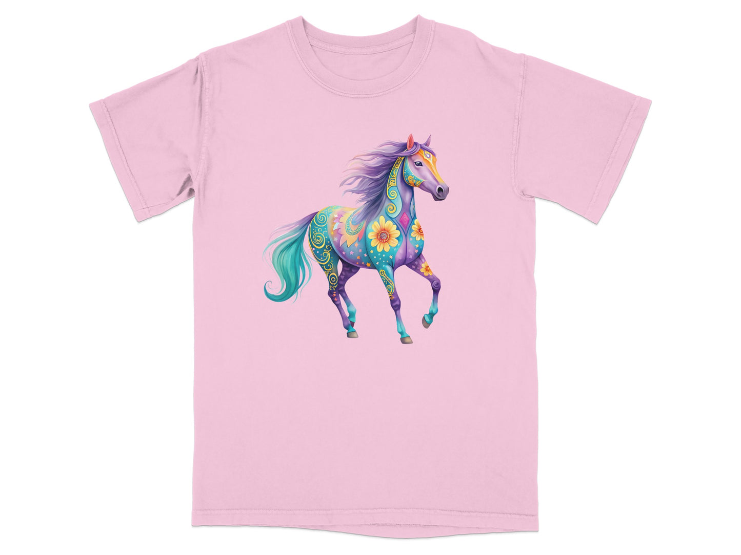 Pink t-shirt with a colorful, patterned horse graphic.